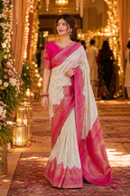 Elegant White & Pink Traditional Silk Saree for Women