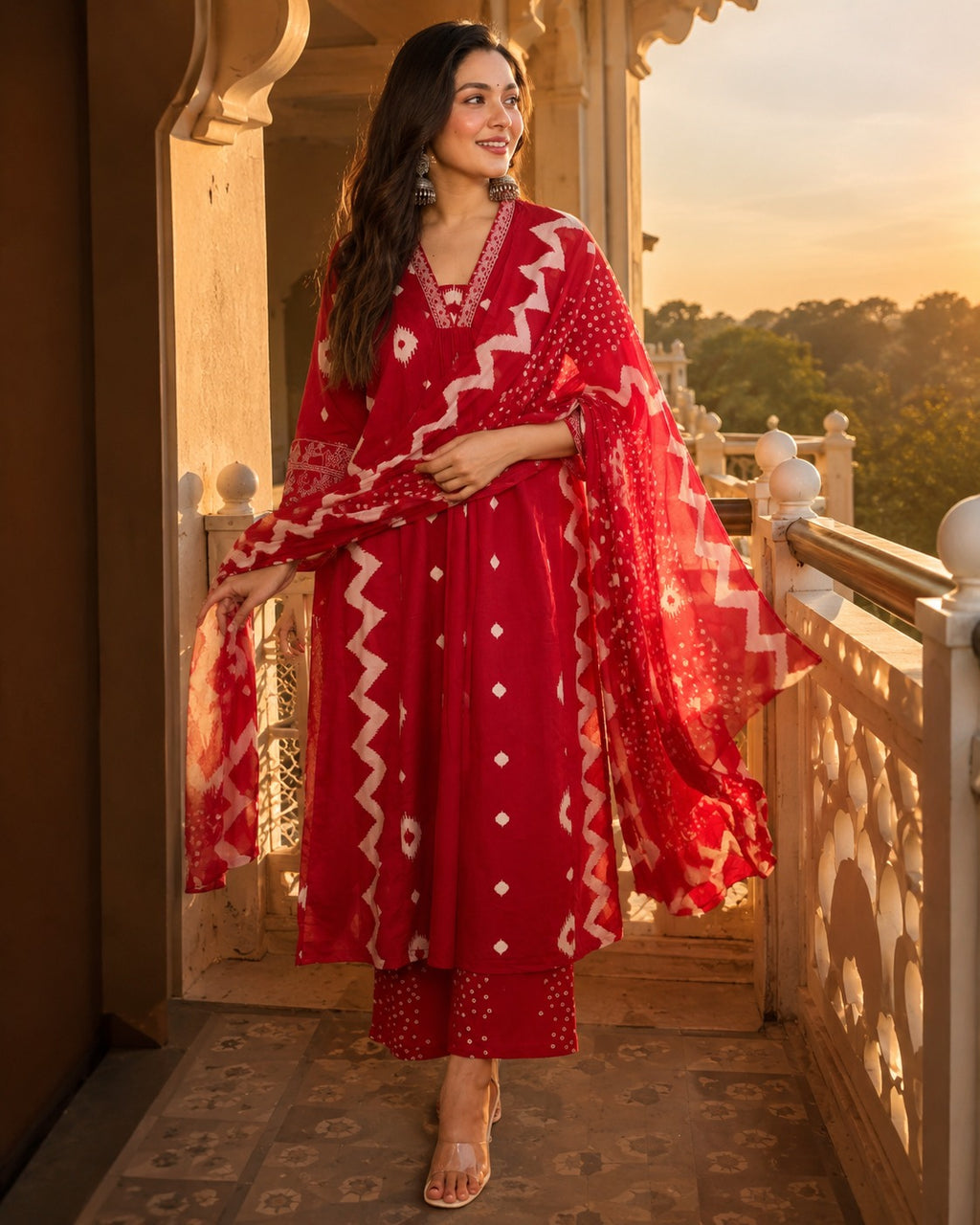 Women's Red Printed Kurta Pant Set with Dupatta | Festive Ethnic Wear