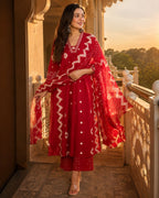 Women's Red Printed Kurta Pant Set with Dupatta | Festive Ethnic Wear