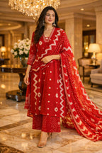 Women's Red Printed Kurta Pant Set with Dupatta | Festive Ethnic Wear