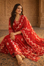 Women's Red Printed Kurta Pant Set with Dupatta | Festive Ethnic Wear