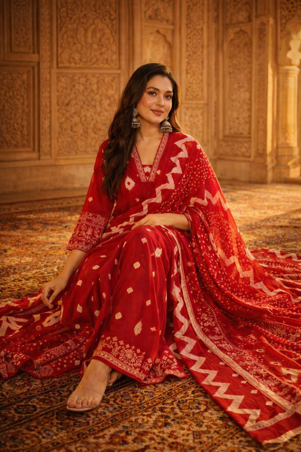 Women's Red Printed Kurta Pant Set with Dupatta | Festive Ethnic Wear