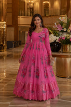 Pink Floral Embroidered Anarkali Gown with Dupatta