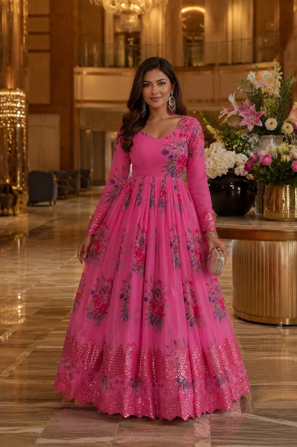 Pink Floral Embroidered Anarkali Gown with Dupatta