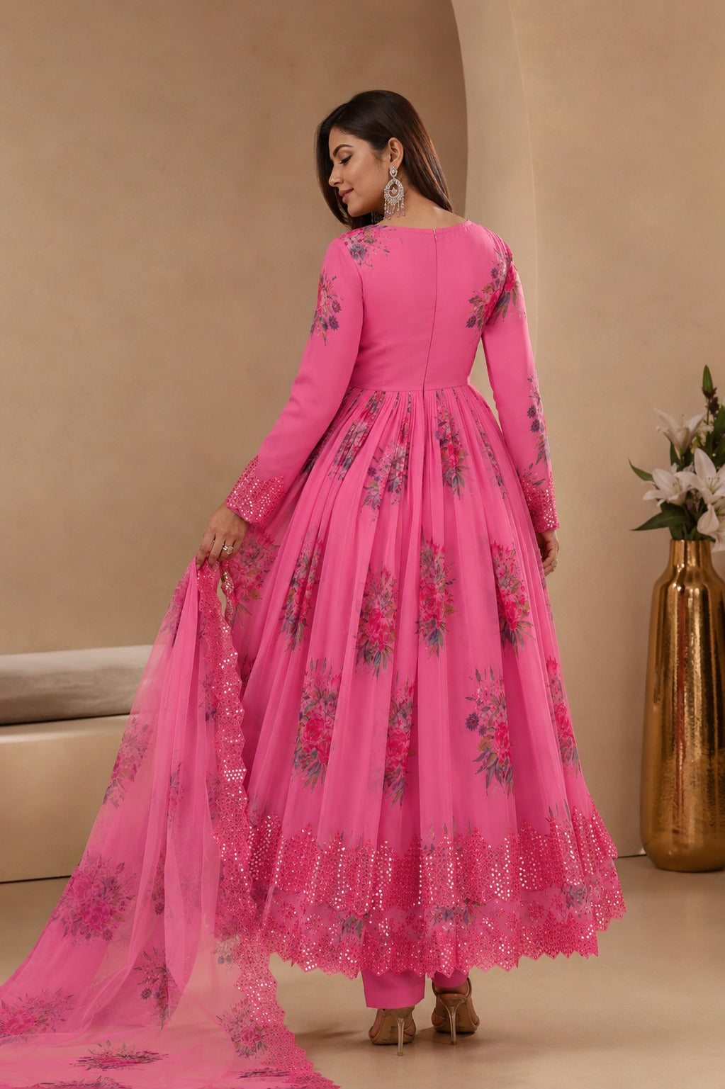 Pink Floral Embroidered Anarkali Gown with Dupatta