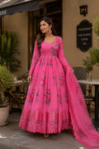 Pink Floral Embroidered Anarkali Gown with Dupatta