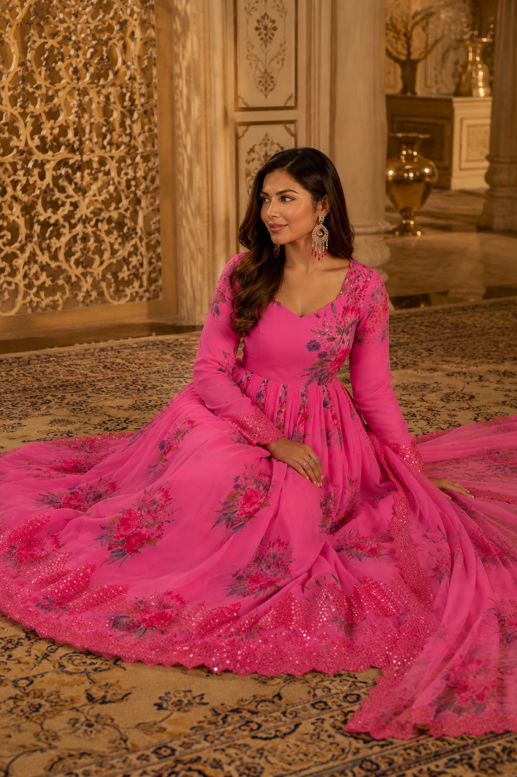 Pink Floral Embroidered Anarkali Gown with Dupatta