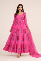 Pink Floral Embroidered Anarkali Gown with Dupatta