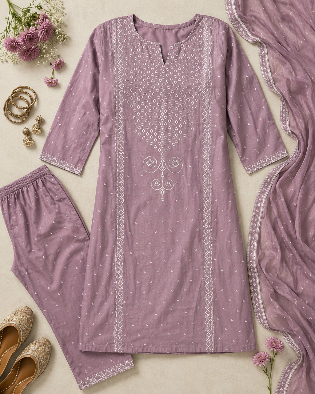 Lavender Embroidered Straight Kurti