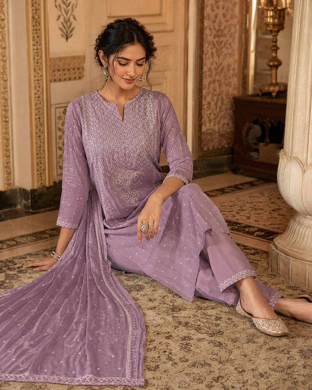Lavender Embroidered Straight Kurti