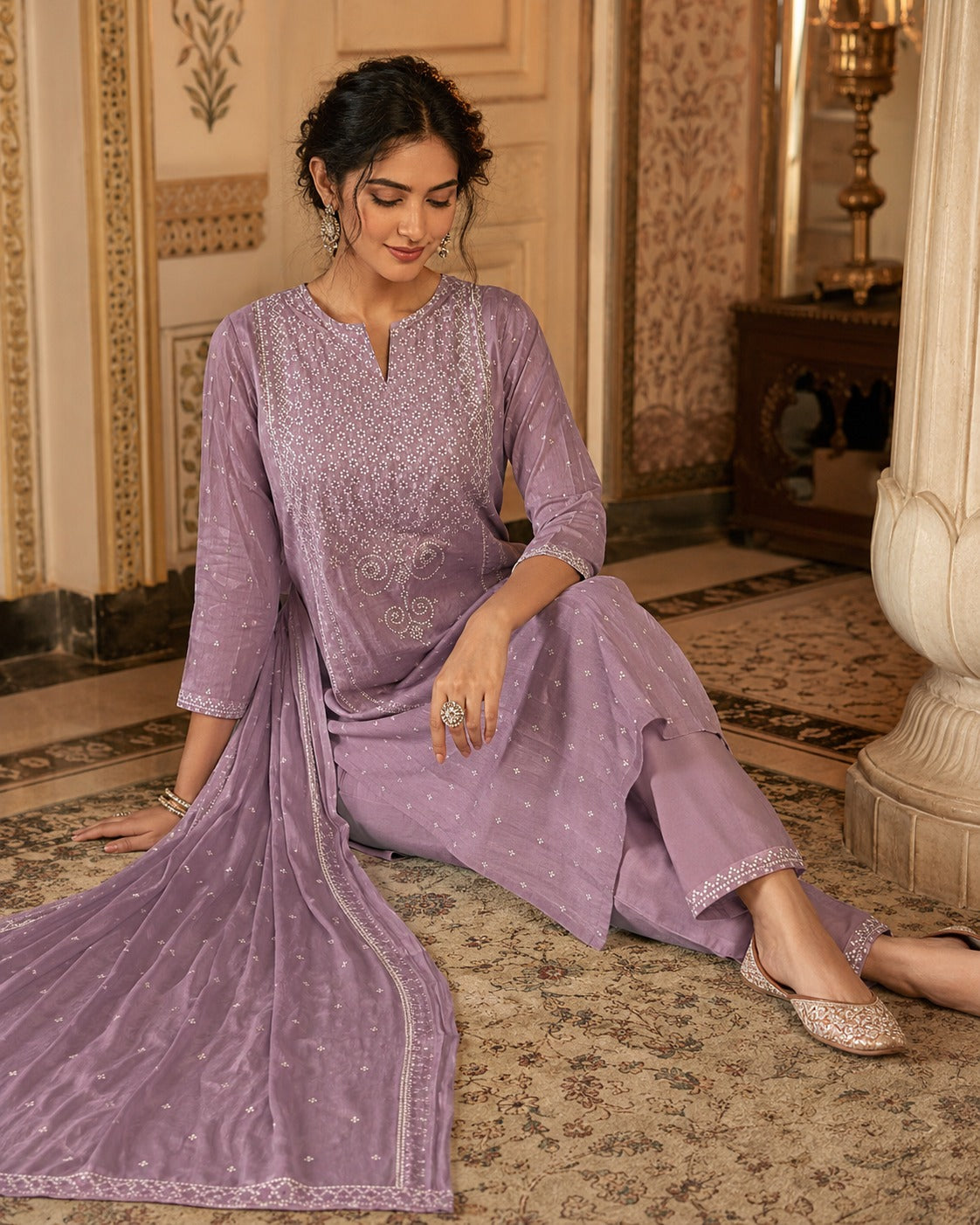 Lavender Embroidered Straight Kurti
