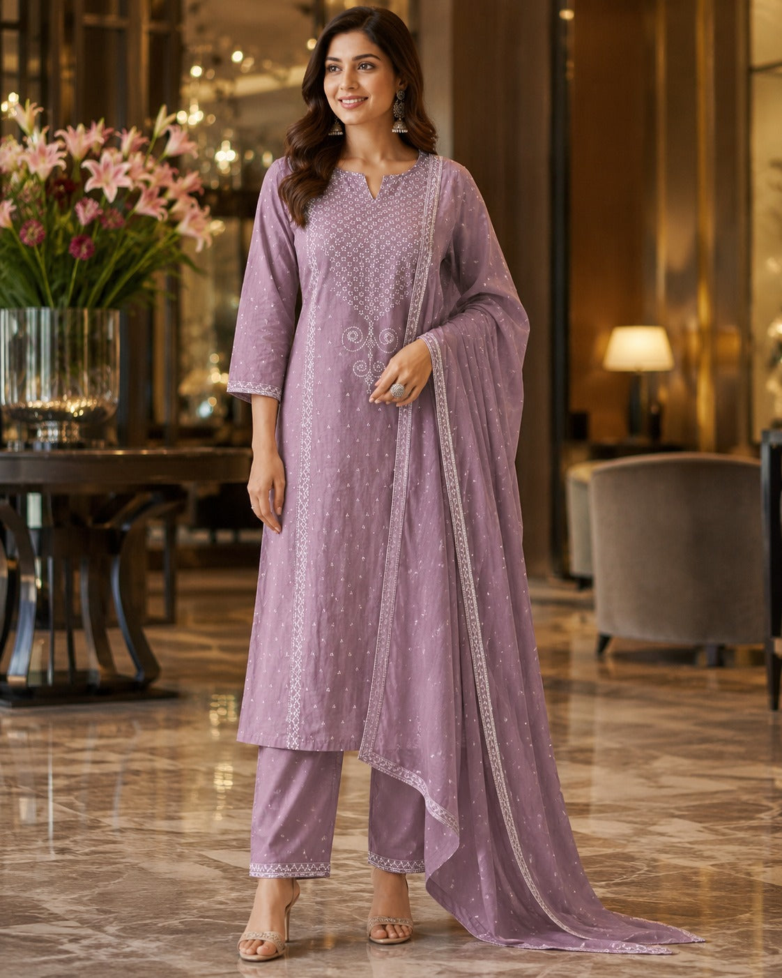 Lavender Embroidered Straight Kurti