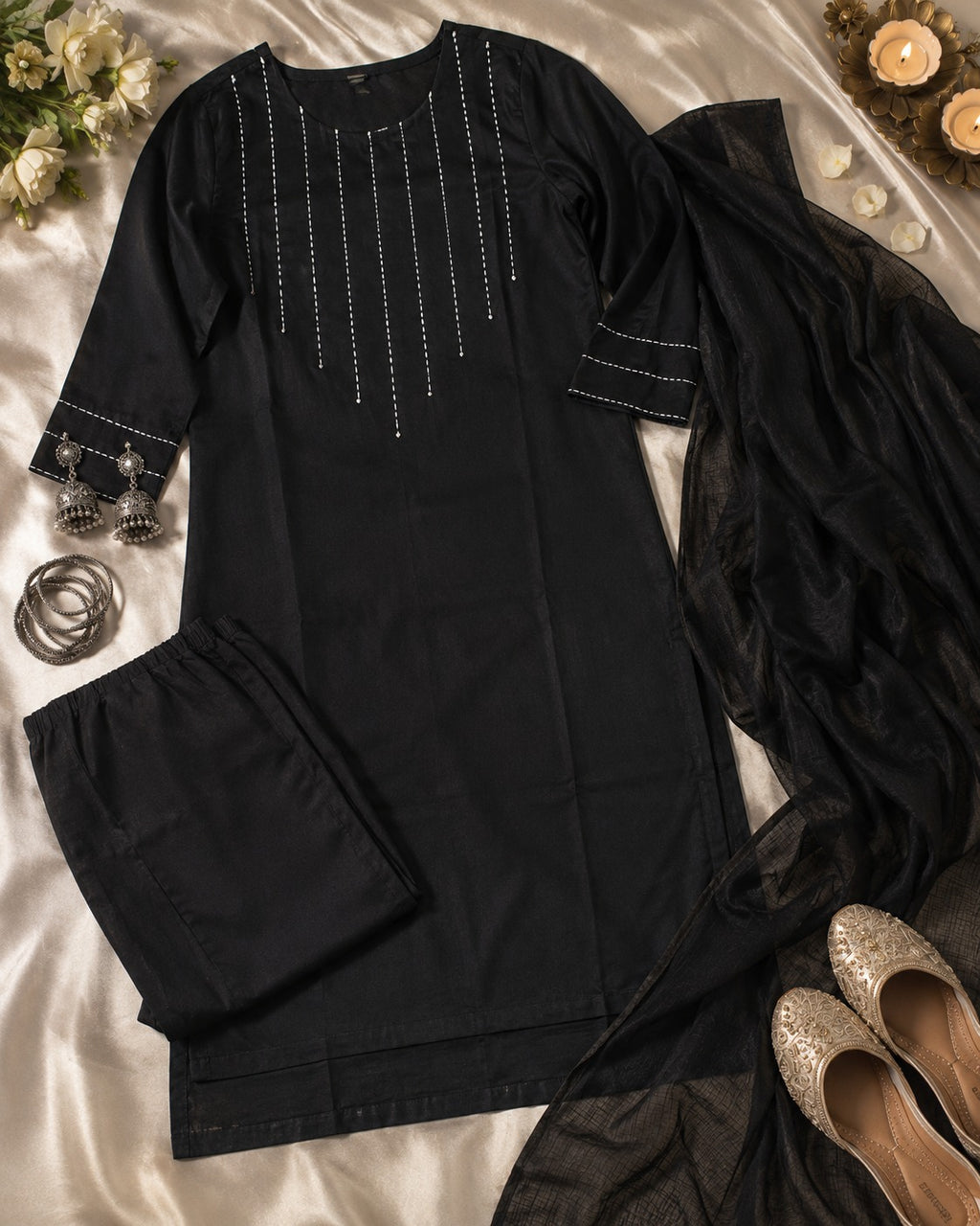 Black Minimal Embroidered Straight Kurti