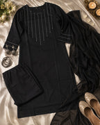 Black Minimal Embroidered Straight Kurti