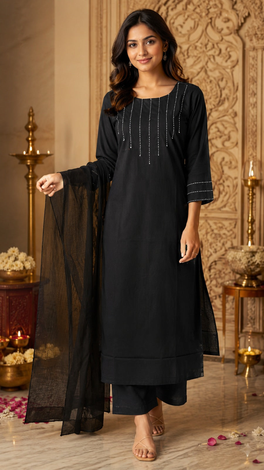 Black Minimal Embroidered Straight Kurti