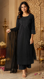 Black Minimal Embroidered Straight Kurti