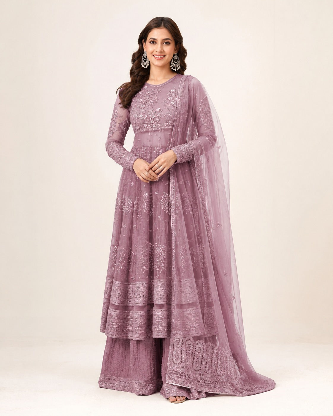 Lavender Embroidered Anarkali Suit Set