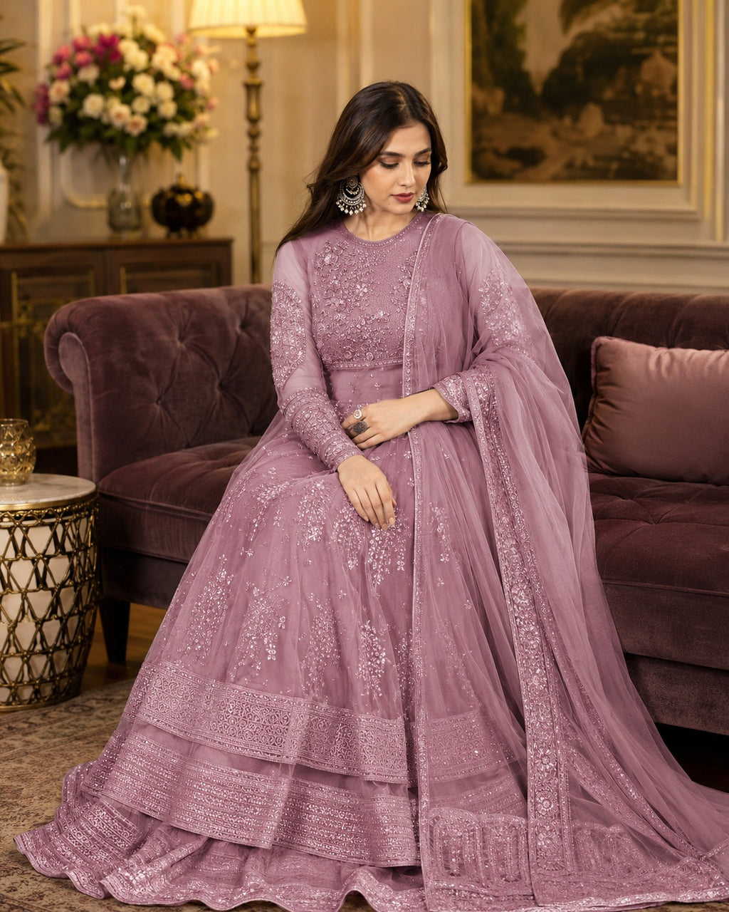 Lavender Embroidered Anarkali Suit Set