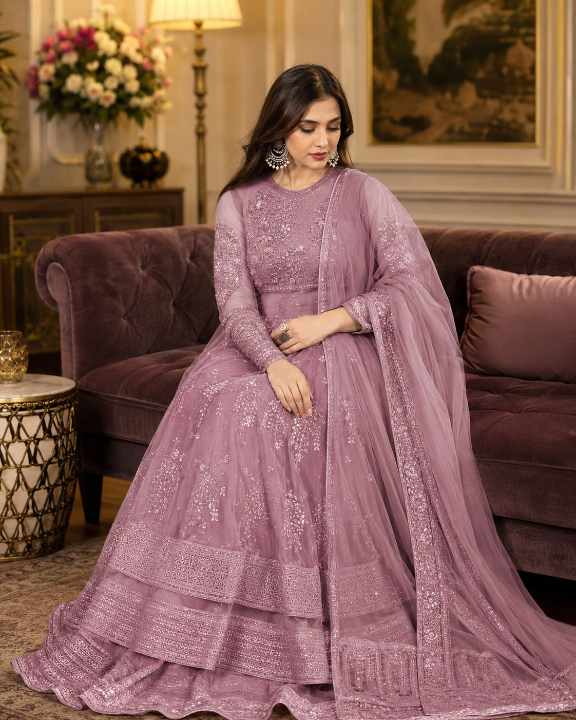 Lavender Embroidered Anarkali Suit Set