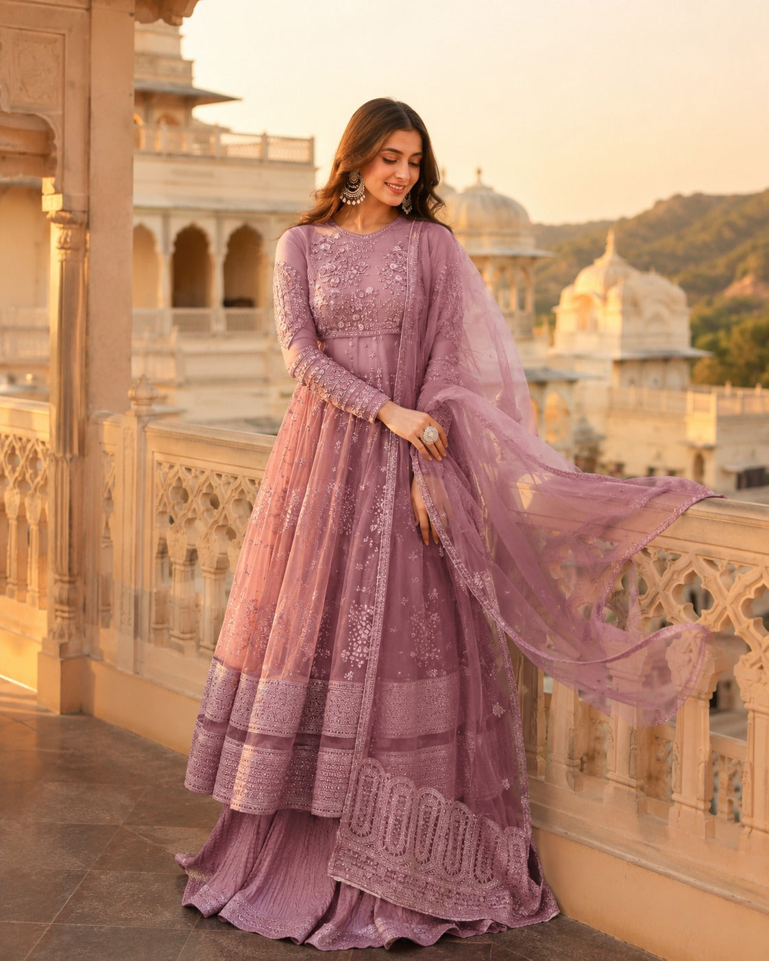 Lavender Embroidered Anarkali Suit Set