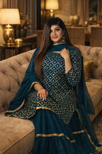 Women's Teal Blue Embroidered Kurta Sharara Set with Dupatta