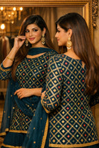 Women's Teal Blue Embroidered Kurta Sharara Set with Dupatta