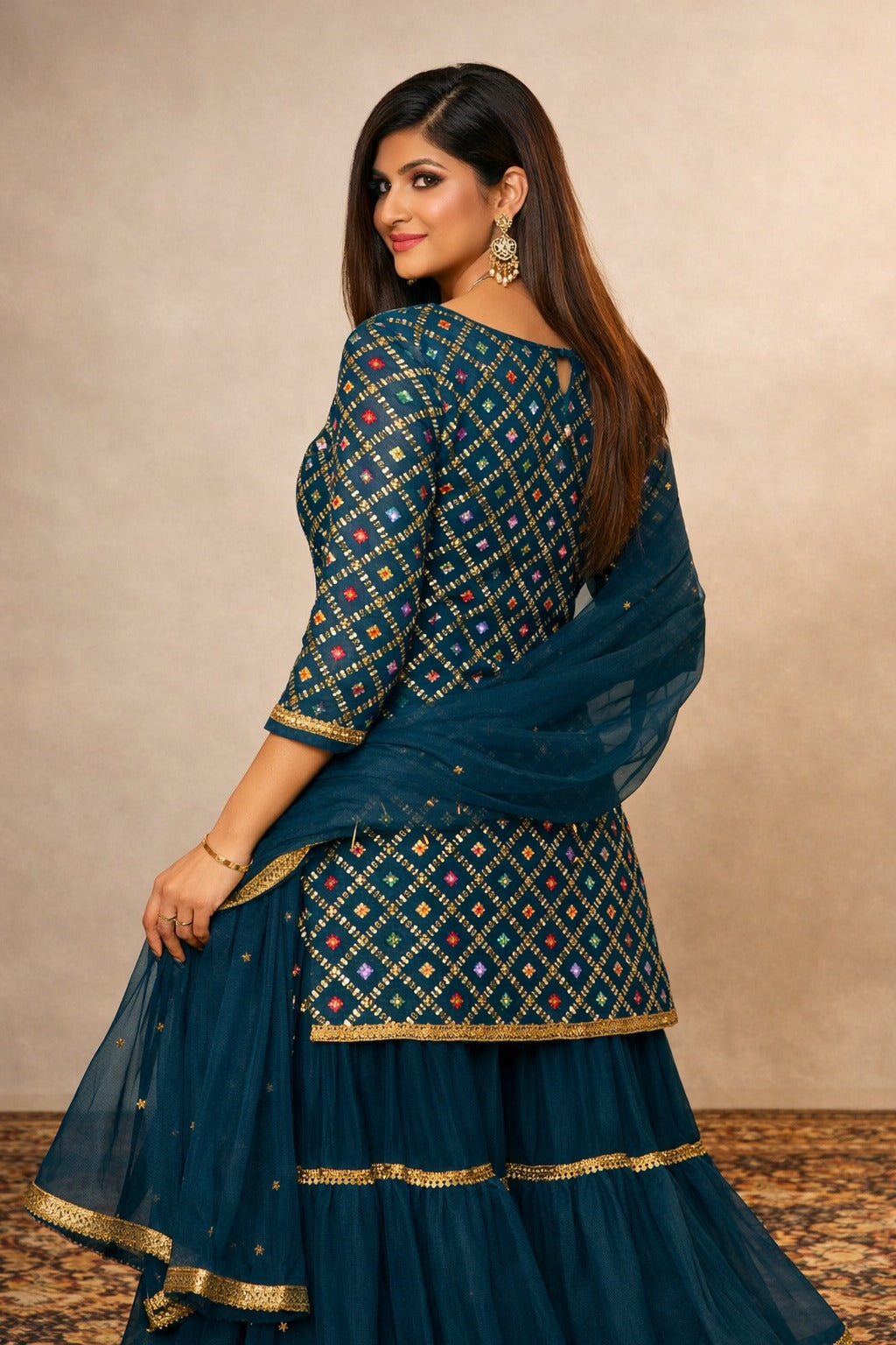Women's Teal Blue Embroidered Kurta Sharara Set with Dupatta