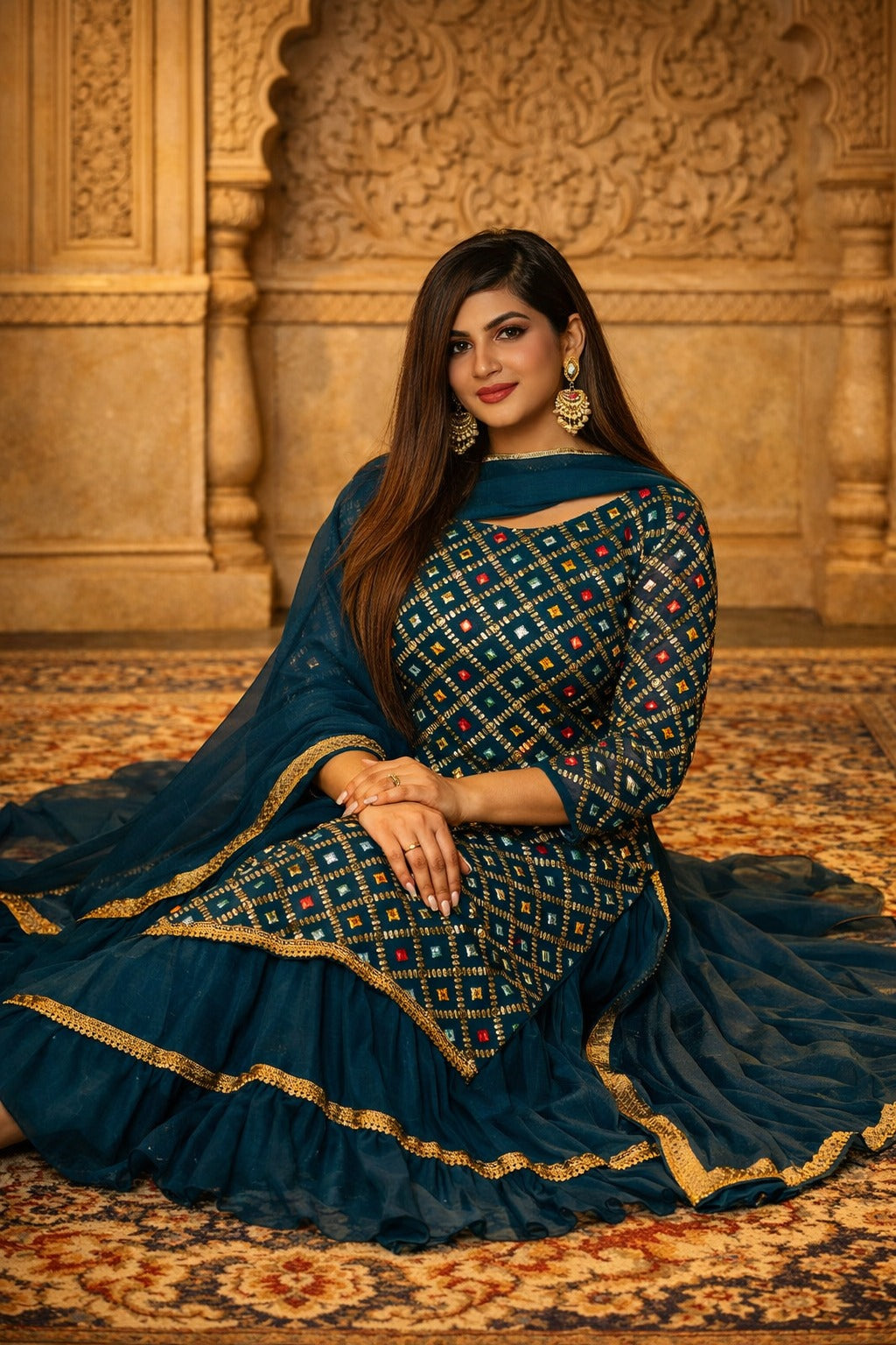 Women's Teal Blue Embroidered Kurta Sharara Set with Dupatta