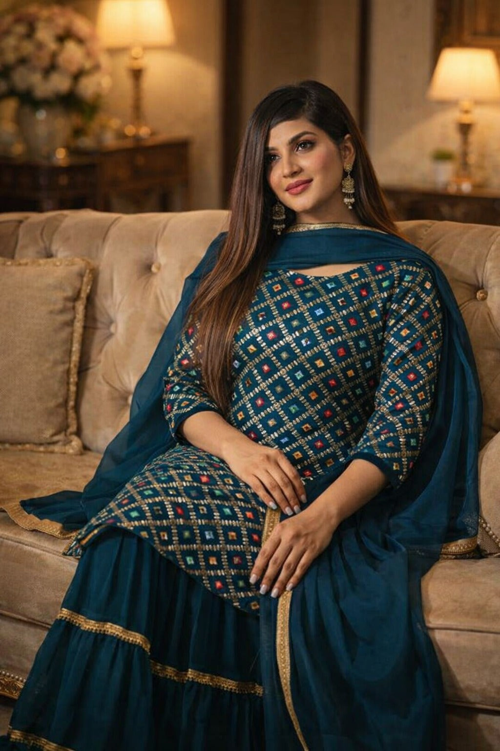 Women's Teal Blue Embroidered Kurta Sharara Set with Dupatta