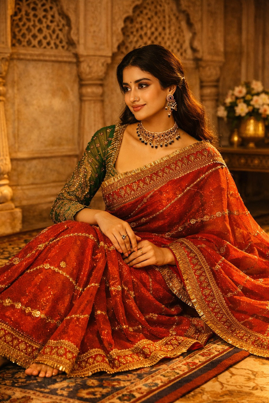 Women's Rust Orange Embellished Saree with Designer Blouse