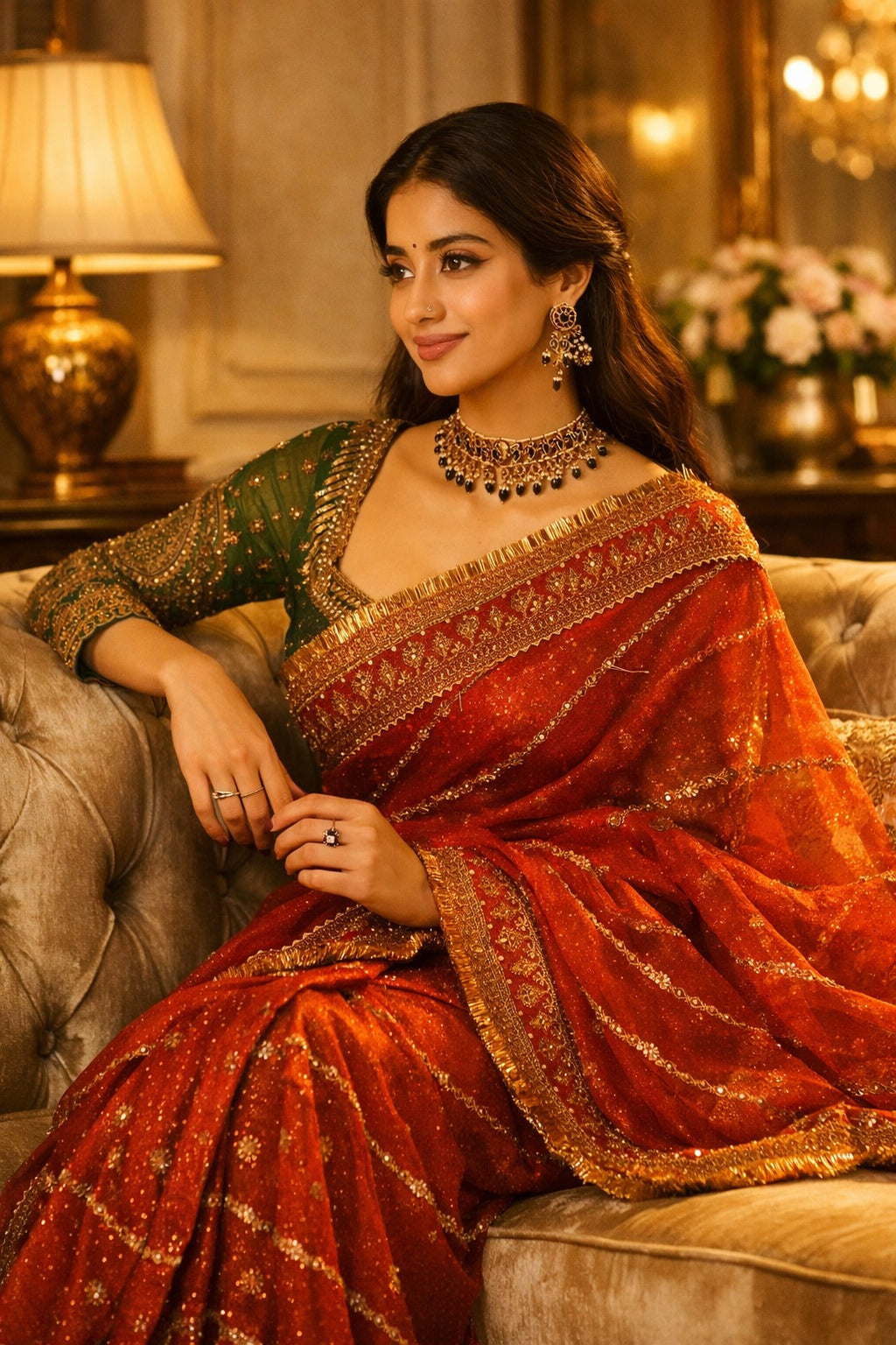 Women's Rust Orange Embellished Saree with Designer Blouse