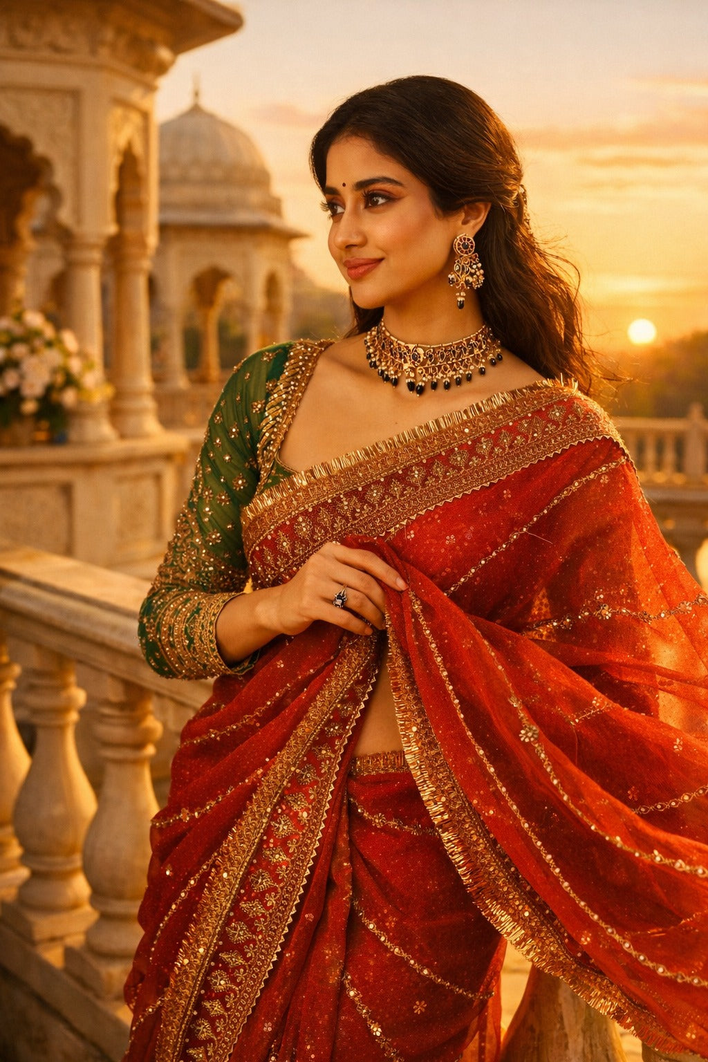 Women's Rust Orange Embellished Saree with Designer Blouse