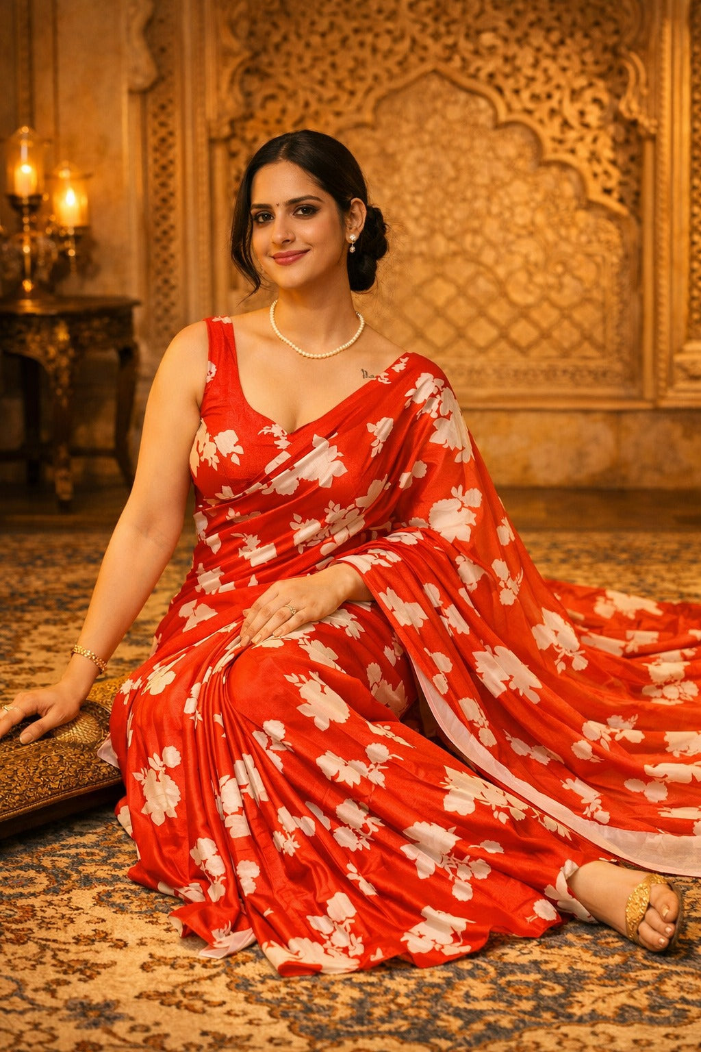 Women's Red Floral Print Saree | Soft Lightweight Party & Casual Wear Saree