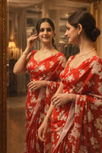 Women's Red Floral Print Saree | Soft Lightweight Party & Casual Wear Saree