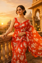Women's Red Floral Print Saree | Soft Lightweight Party & Casual Wear Saree