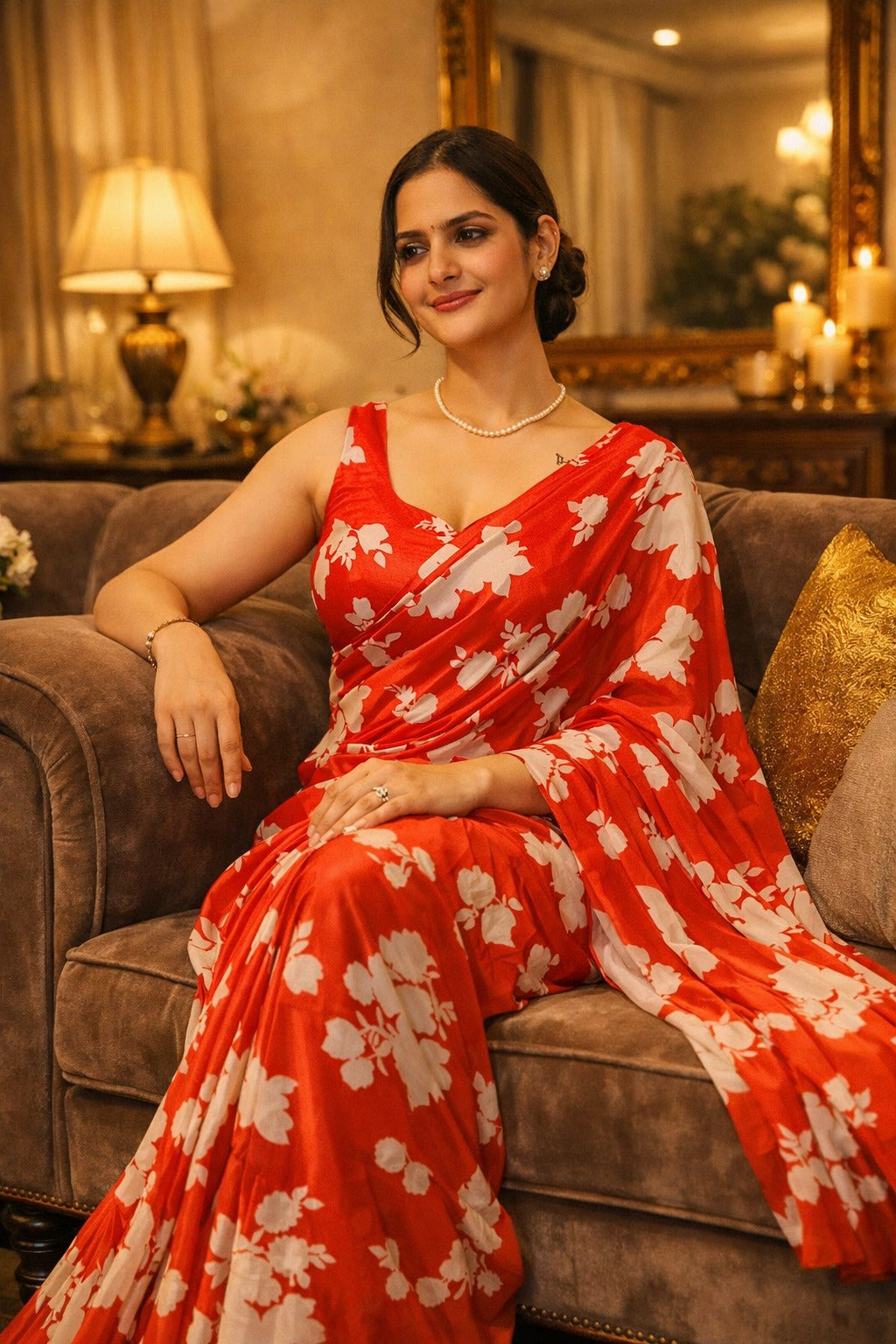 Women's Red Floral Print Saree | Soft Lightweight Party & Casual Wear Saree