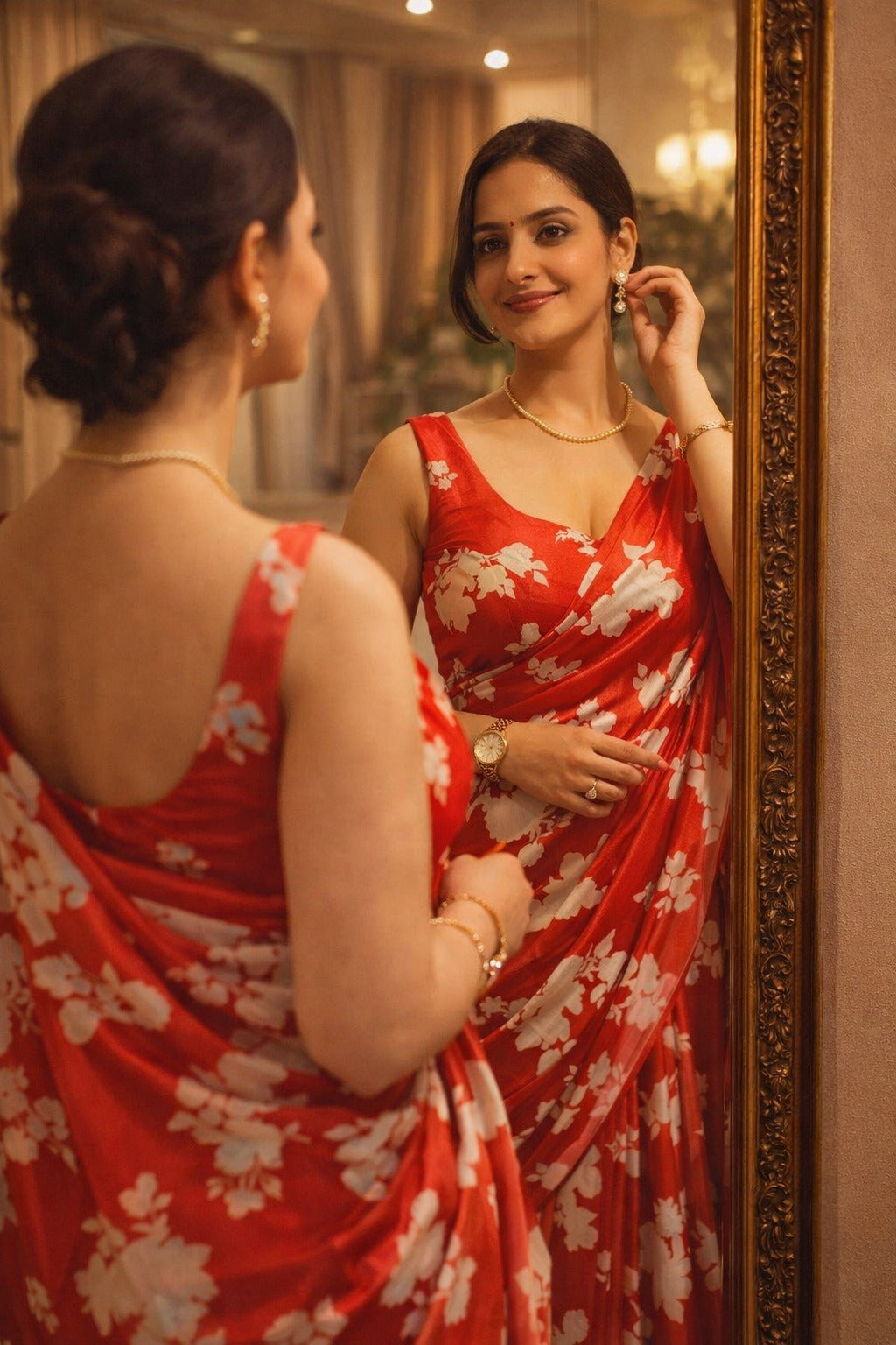 Women's Red Floral Print Saree | Soft Lightweight Party & Casual Wear Saree