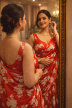 Women's Red Floral Print Saree | Soft Lightweight Party & Casual Wear Saree