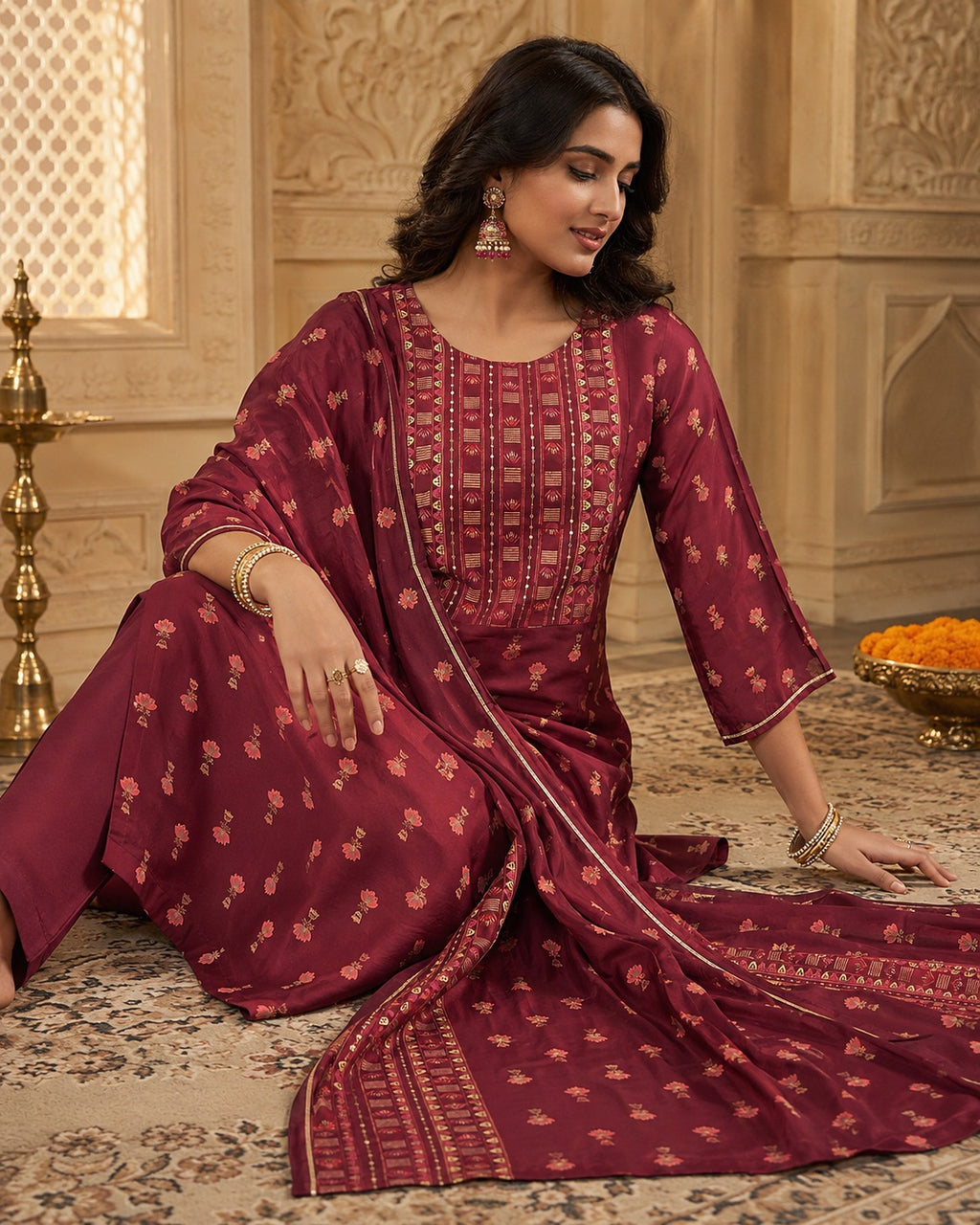 Maroon Printed Straight Kurti Set with Dupatta