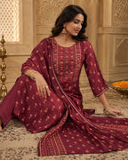 Maroon Printed Straight Kurti Set with Dupatta