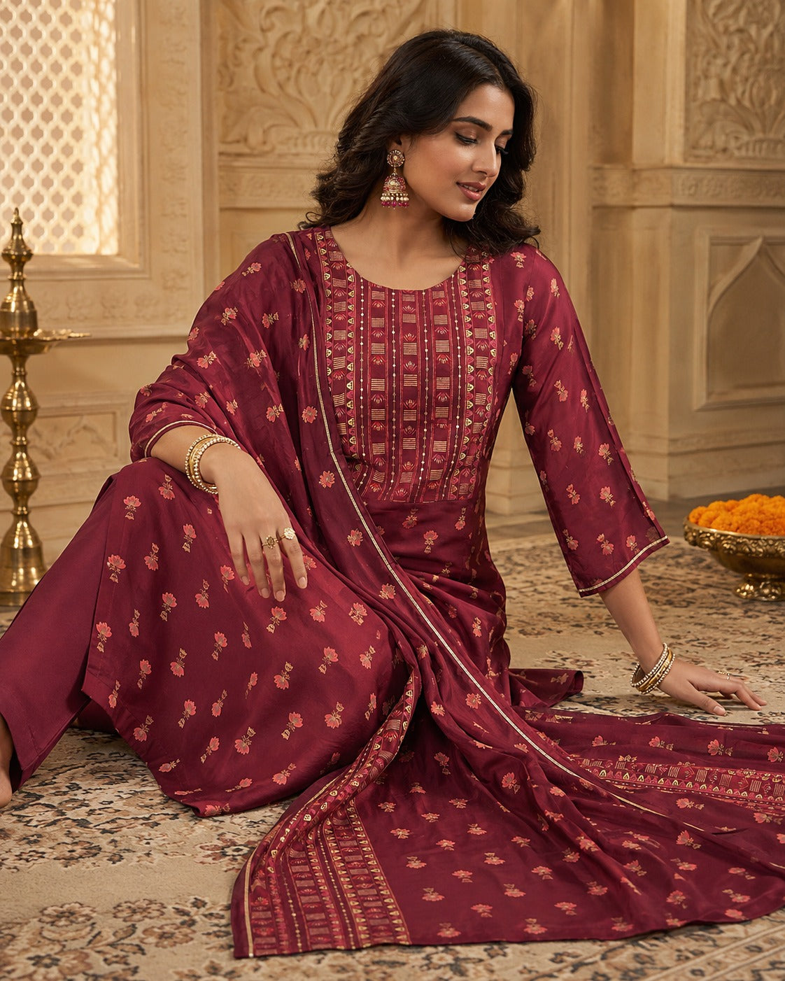 Maroon Printed Straight Kurti Set with Dupatta