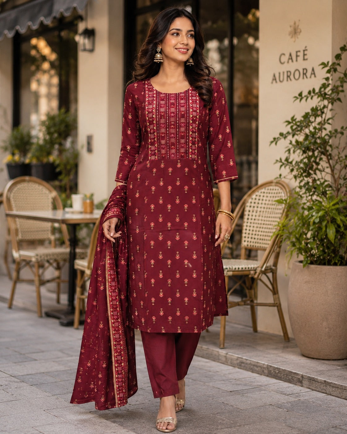 Maroon Printed Straight Kurti Set with Dupatta