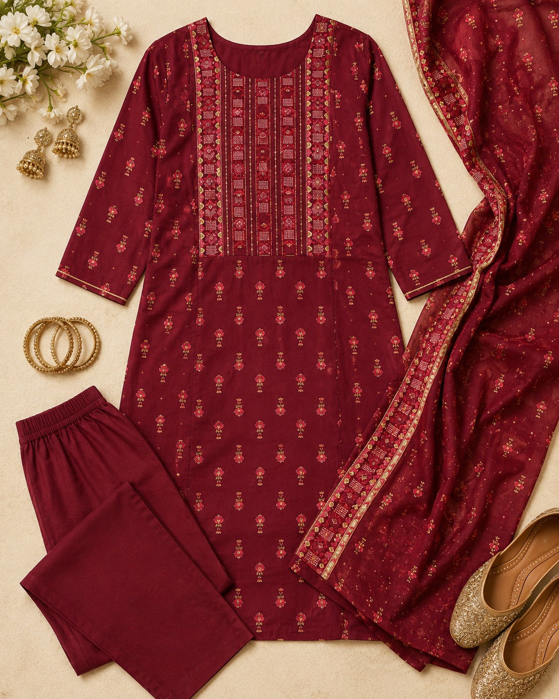 Maroon Printed Straight Kurti Set with Dupatta