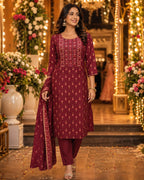 Maroon Printed Straight Kurti Set with Dupatta