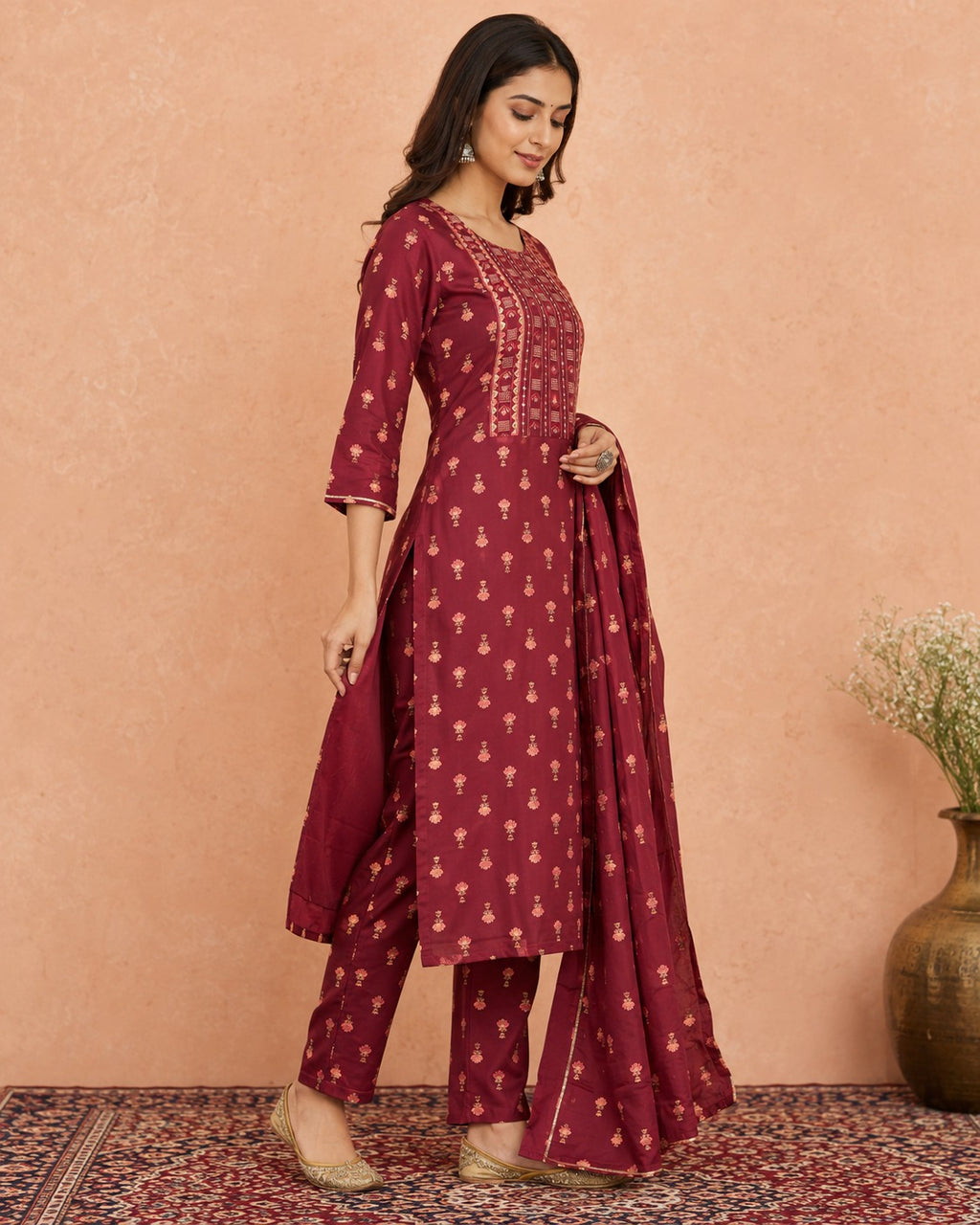 Maroon Printed Straight Kurti Set with Dupatta