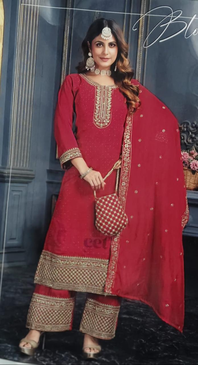 Women's Red Kurta Pant Set with Dupatta
