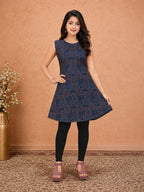 Women’s Navy Blue Printed Sleeveless Flared Short Dress